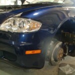 Before and after photographs of a damaged, blue, Maserati that was repaired by Elite Paint & Body Shop in West Palm Beach, FL.